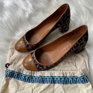 Tory Burch Ethel Pump Natural Tan Black Leopard Print Raffia Size 7.5